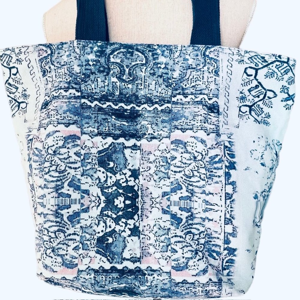 Poetic Wanderlust BOHO Blue Batik Cotton Twill Beach Bag Tote